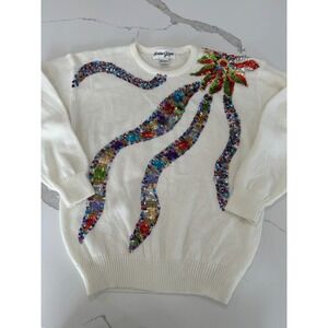 Christine Gerard Vintage Sequin Floral Sweater Cream Knit Pullover Womens M